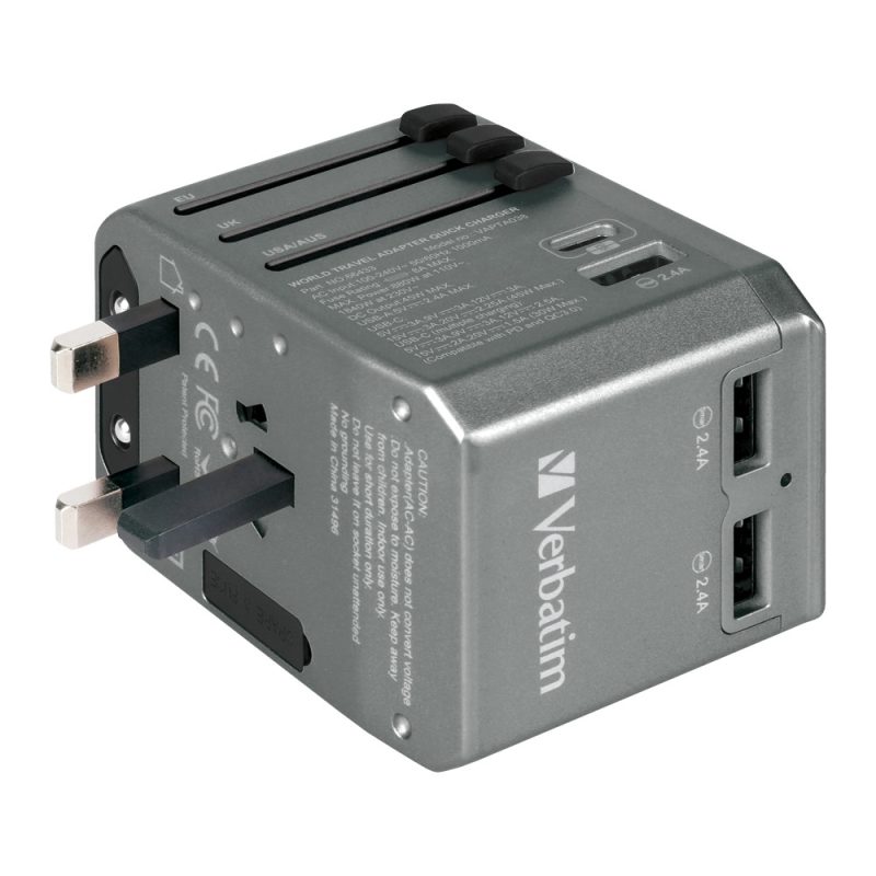 Verbatim 66433 4-Ports 45W PD & QC Universal Portable Travel Adapter - Grey