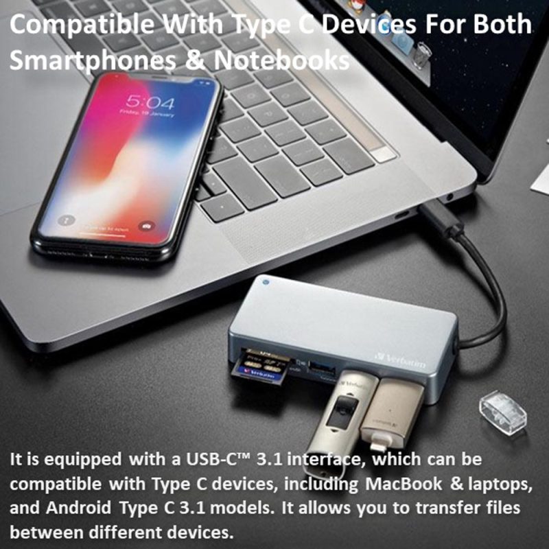 c5a3e77ebc2dbeaa23406266a539c9f6.jpeg Verbatim 65679 5-in-1 USB-C 3.1 & Card Reader Hub - Grey