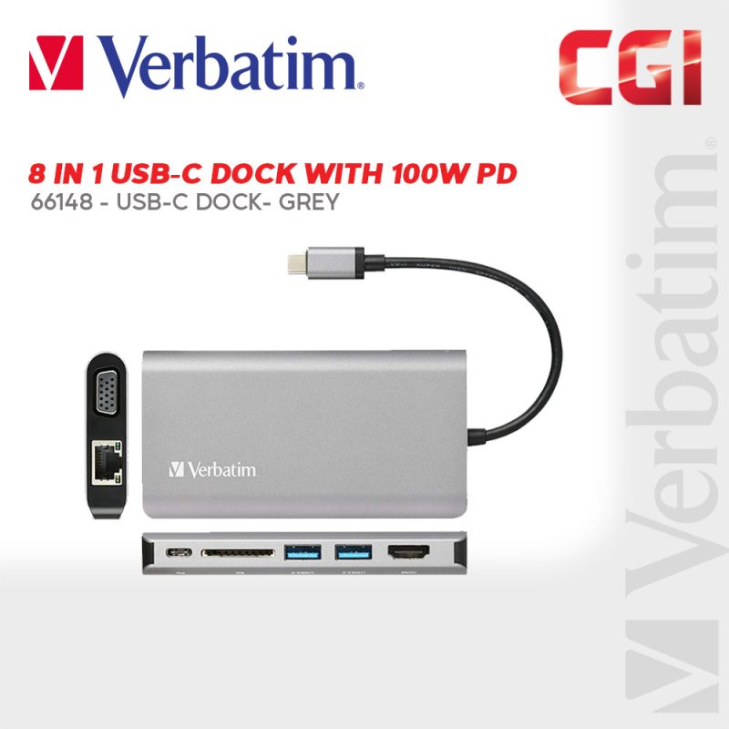 c7a4491eed6da1c978414b5e4ba34864.jpeg Verbatim 66148 8-in1 Type-C Portable Dock with 100W PD Charging - Grey