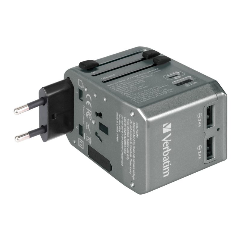 Verbatim 66433 4-Ports 45W PD & QC Universal Portable Travel Adapter - Grey