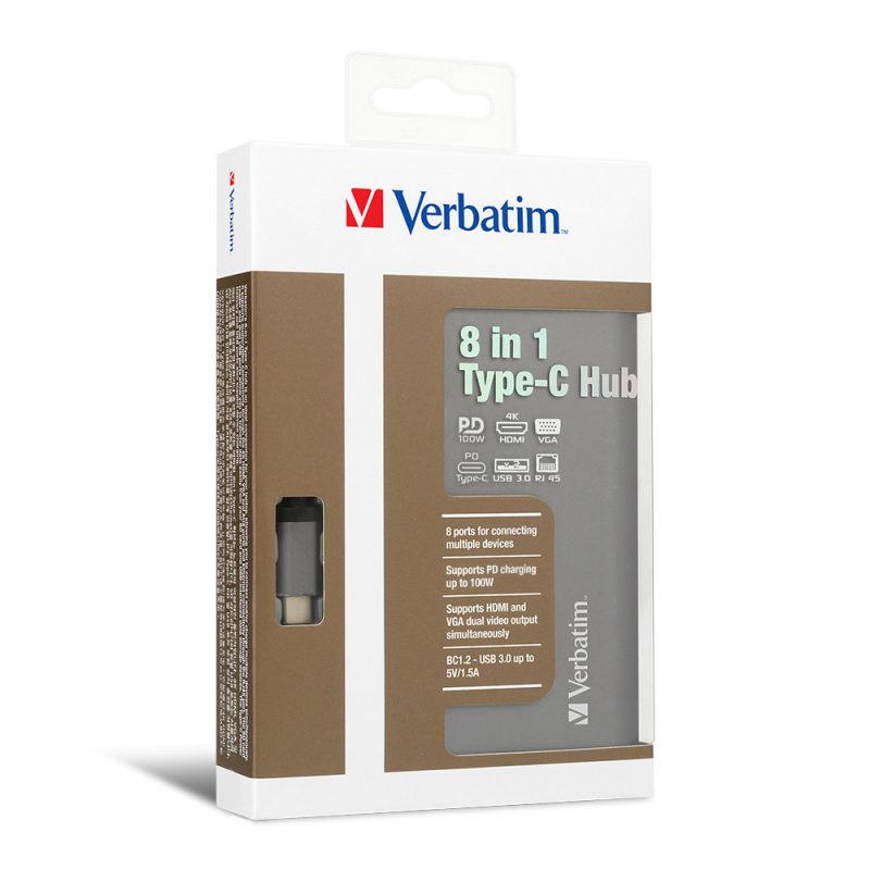 d2e8c629e0a88d0e4e9bc72d1453d5ee.jpeg Verbatim 66148 8-in1 Type-C Portable Dock with 100W PD Charging - Grey