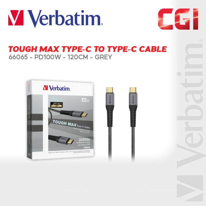 Verbatim 66065 120cm Tough Max E-Marker Kevlar Type-C to Type-C Cable (PD100W) - Grey
