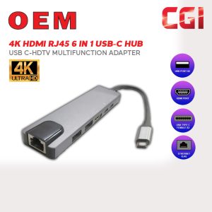 Type C 6 in 1 USB C Hub 4K HDMI RJ45 Adapter Dongle USB 3.0 Port(USB C-HDTV Multifunction Adapter)