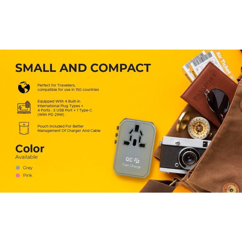 Verbatim 66433 4-Ports 45W PD & QC Universal Portable Travel Adapter - Grey