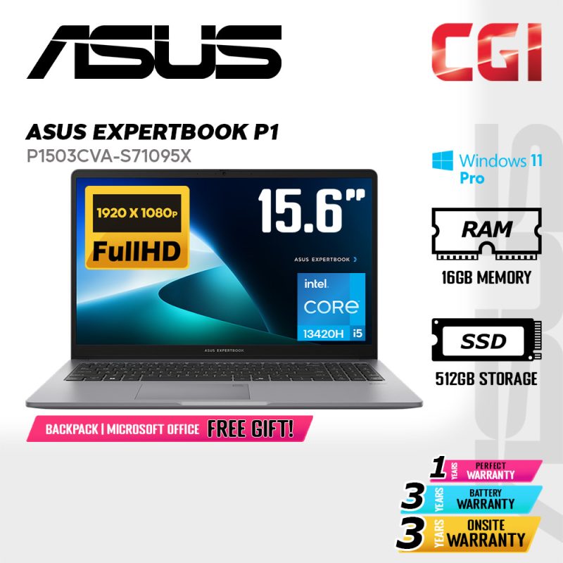 Asus 15.6" ExpertBook P1 P1503 Laptop Intel i5-13420H 16GB 512GB FHD Win11Pro 3Y Onsite - P1503CVA-S71095X