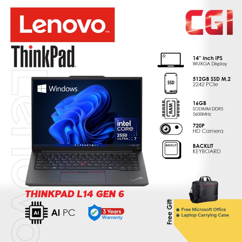 Lenovo 14" Laptop ThinkPad L14 Gen 6 Ultra 7 255U 16GB 512GB SSD IPS 400Nits Win11Pro 3Y Onsite with Office