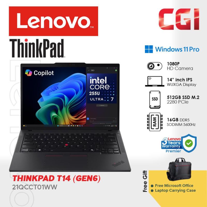 Lenovo 14" ThinkPad T14 Gen 6 Ultra 7 255U Ai PC 16GB 512GB IPS WUXGA Win11Pro 3Y Premier With Office