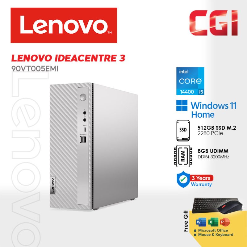 Lenovo Ideacentre i5-14400 Intel UHD 730 Graphics 8GB 512GB Win11Home 3Y Premium Care with Office Desktop PC - 90VT005EMI