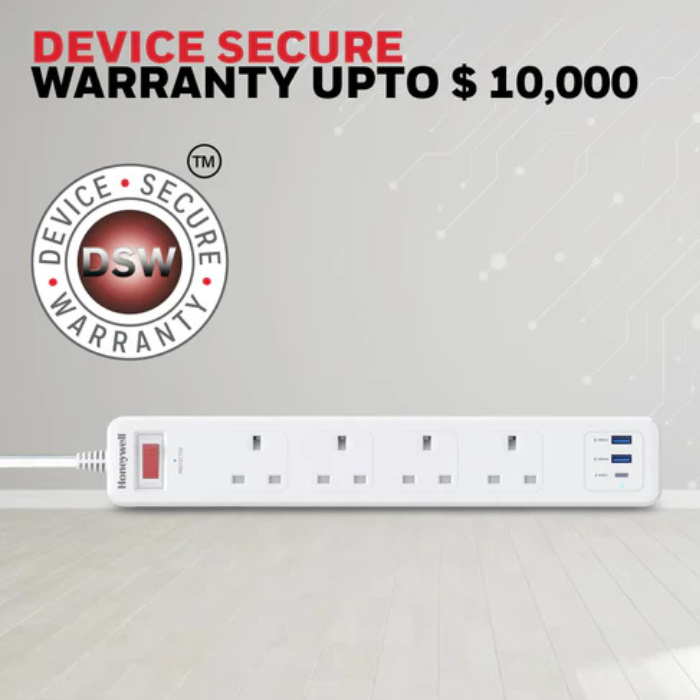 Honeywell 4 Outlet Surge Protector with 1 Type C with PD & 2 USB - HC000044/SRG/1.8M/WHT/4/2U/PD20W/UK