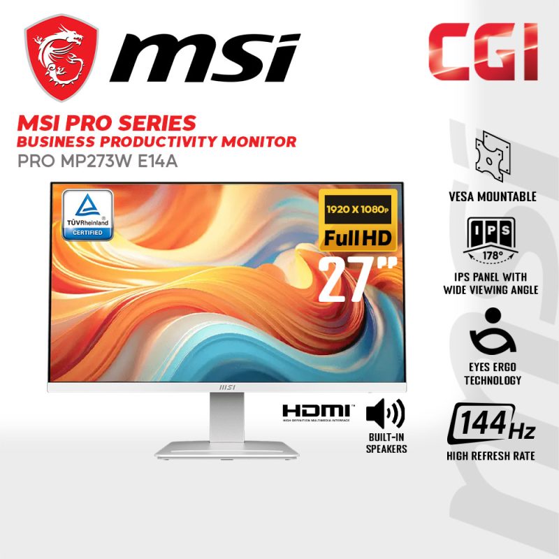 MSI 27" PRO MP273W E14A IPS FHD AMD FreeSync 144Hz 1ms Build In Speaker Business Productivity Monitor