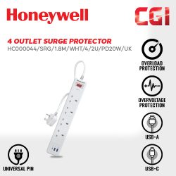 Honeywell 4 Outlet Surge Protector with 1 Type C with PD & 2 USB - HC000044/SRG/1.8M/WHT/4/2U/PD20W/UK