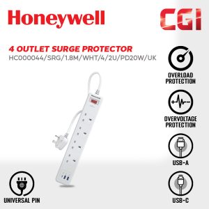 Honeywell 4 Outlet Surge Protector with 1 Type C with PD & 2 USB - HC000044/SRG/1.8M/WHT/4/2U/PD20W/UK