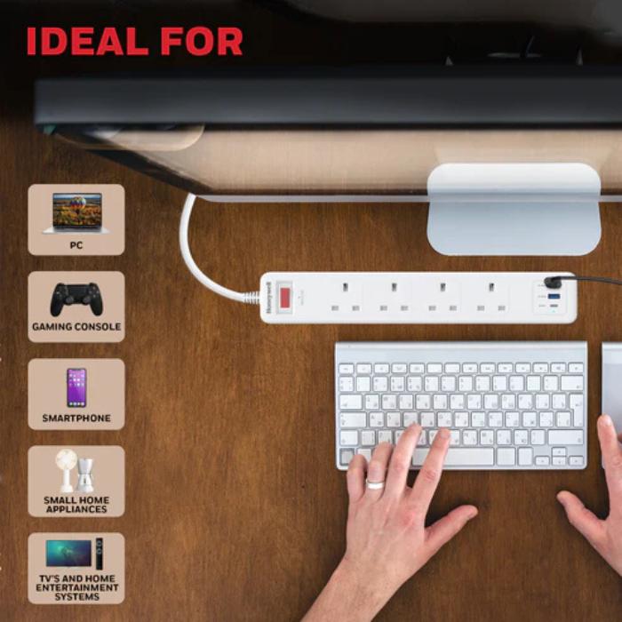 Honeywell 4 Outlet Surge Protector with 1 Type C with PD & 2 USB - HC000044/SRG/1.8M/WHT/4/2U/PD20W/UK