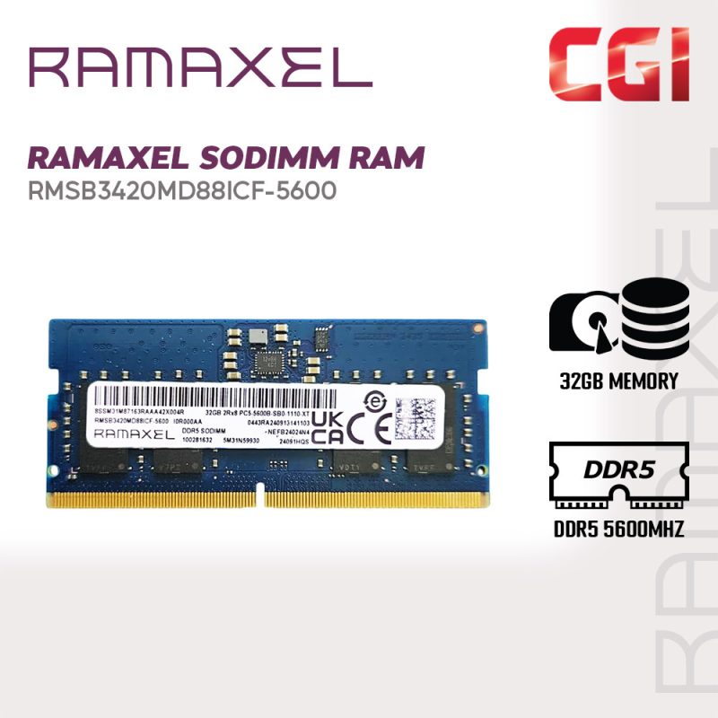 RAMAXEL 32GB DDR5 5600MHz 262Pin Laptop RAM 1.2V SODIMM RMSB3420MD88ICF-5600