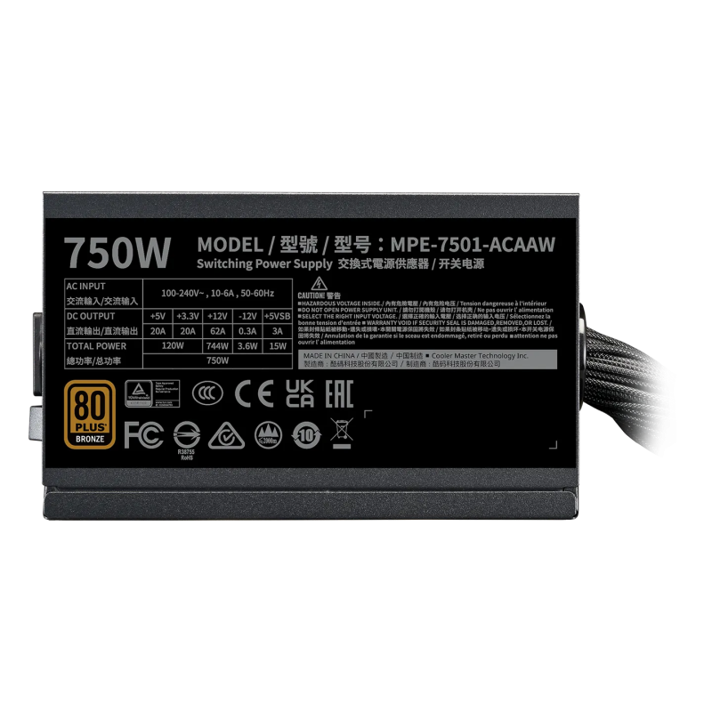 Cooler Master MWE Bronze 750W V3 ATX 3.1 Non-Modular PSU - MPE-7501-ACABW-3BUK