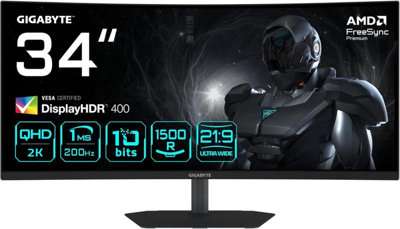 GIGABYTE 34" G34WQC2 WQHD HDR400 VA AMD FreeSync 200Hz 1ms Ergonomics Curved Gaming Monitor