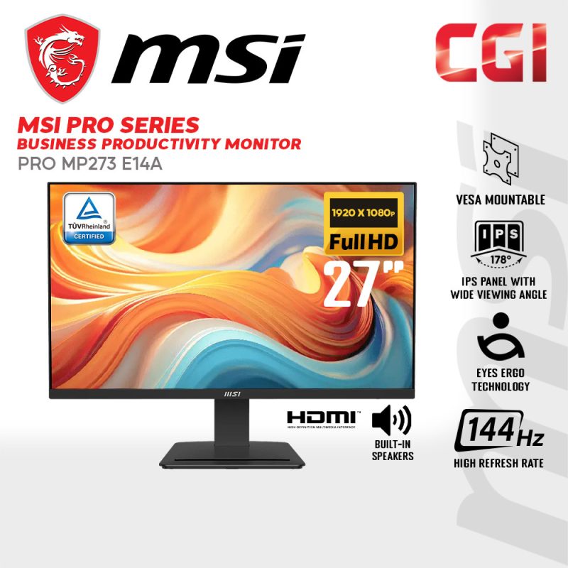 MSI 27" PRO MP273 E14A FHD HDR IPS AMD FreeSync 144Hz 1ms Business Productivity Monitor