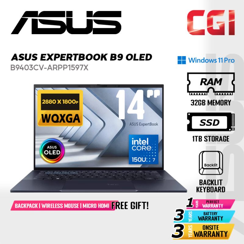 Asus 14" ExpertBook B9 B9403 Laptop OLED Intel 7 150U 32GB D5 1TB WQXGA OLED Win11Pro 3Y Onsite - B9403CV-ARPP1597X