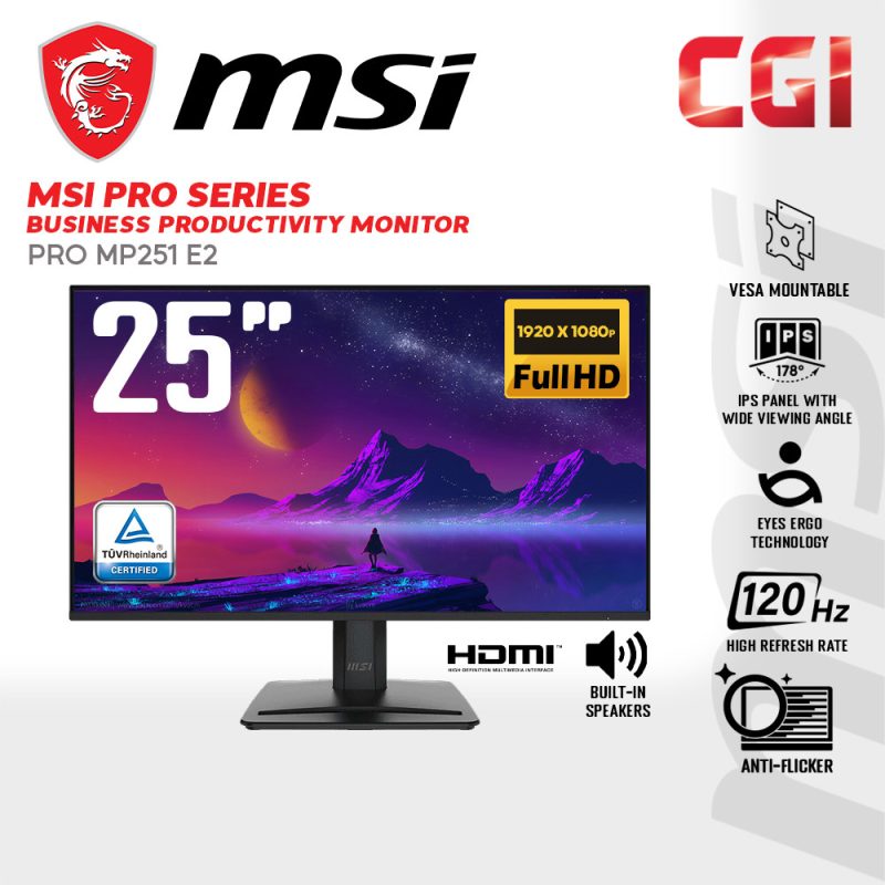 MSI 24.5" PRO MP251 E2 ( FHD, IPS, Adaptive Sync, 120Hz, 1ms, Speaker ) Business Productivity Monitors