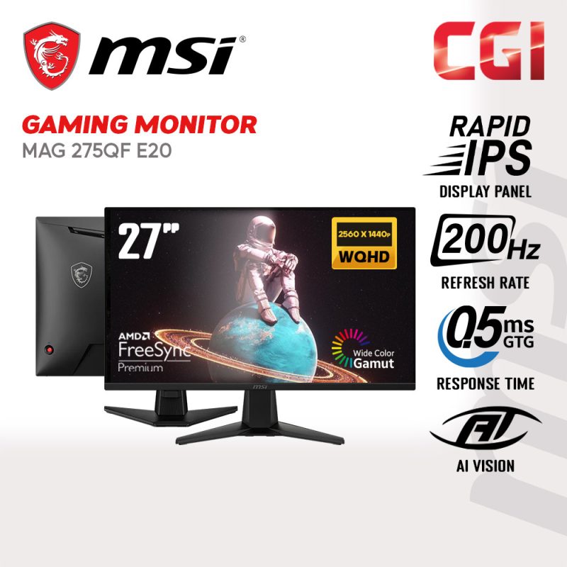 MSI 27" MAG 275QF E20 ( WQHD, Rapid IPS, Freesync Premium, 200Hz, 0.5ms ) Ai Navigator Gaming Monitor