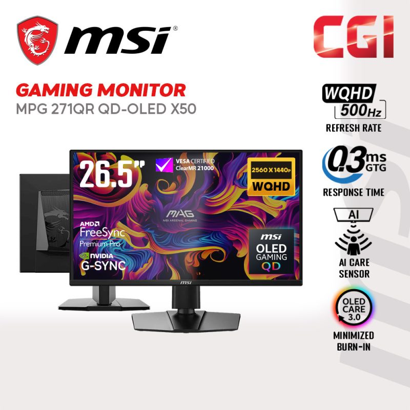 MSI 26.5" MPG 271QR QD-OLED X50 ( WQHD, QD-OLED, 500Hz, 0.03ms ) Gaming Monitors