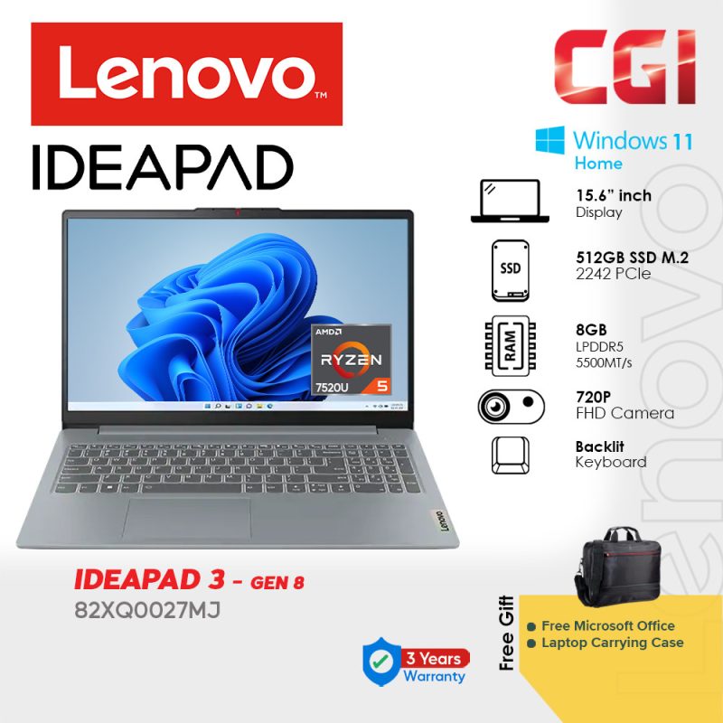 62bcaa0465715e5b1f314c2b5e779afd.jpeg Lenovo IdeaPad Slim 3 15AMN8 82XQ0027MJ ( Ryzen 5 7520U, 8GB, 512GB, 15.6" FHD IPS, W11H ) 3Y Premium with Office Laptop