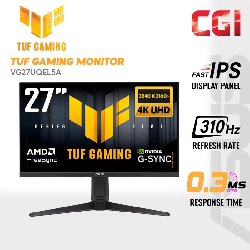 ASUS 27" VG27UQEL5A TUF Gaming Monitor (4K | Fast IPS | HDR10 | Adaptive Sync | 4K 80Hz or FHD 310Hz | Speaker | Ergonomic）