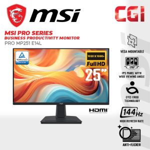 MSI 24.5" PRO MP251 E14L Business Productivity Monitors (FHD | IPS | Adaptive Sync | 144Hz | 1ms | Ergonomics）