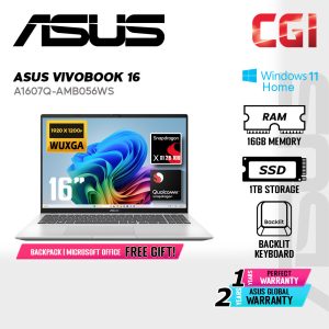 ASUS Vivobook 16 A1607Q-AMB056WS AI Laptop (Snapdragon X | 16GB RAM | 1TB SSD | 16" WUXGA | Win11Home | Office 2024) Copilot+ PC