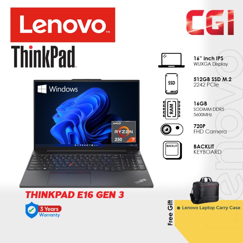 Lenovo ThinkPad E16 Gen 3 Laptop ( Ryzen 7 250, 16GB, 512GB, W11P ) 16" WQXGA | 3Y Onsite with Office