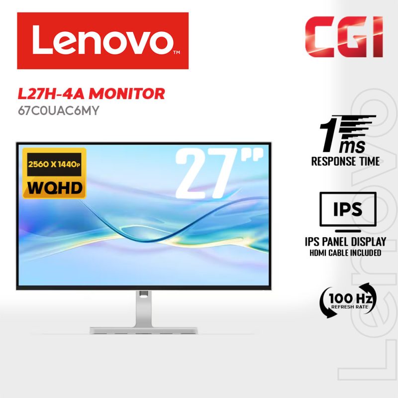 Lenovo 27" L27h-4A ( QHD, 100Hz, 1ms, HDR10, In-Plane Switching, Integrated Speaker ) Gaming Monitor
