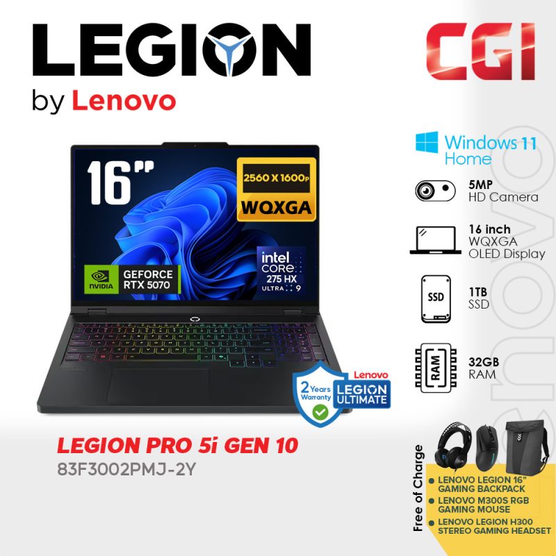 Lenovo Legion Pro 5i 16IAX10 83F3002PMJ (Ultra 9 275HX, RTX 5070 , 32GB, 1TB ) 16" WQXGA | 2Y Legion Gaming Laptop