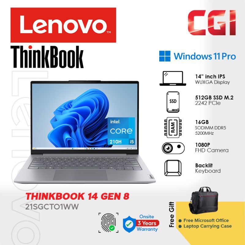 Lenovo 14" ThinkBook 14 Gen 8 Intel Core 5 210H 16GB DDR5 512GB IPS WUXGA Win11Pro 3Y Onsite with Office