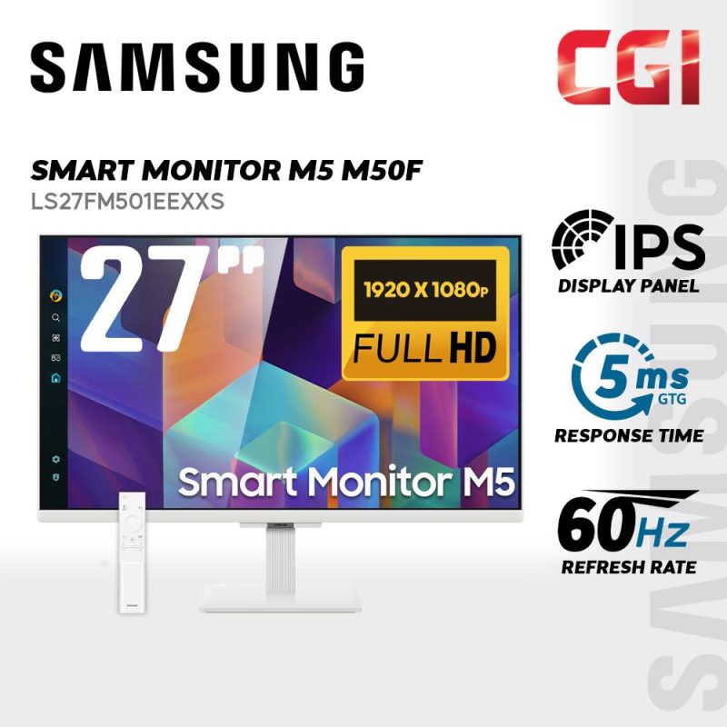 Samsung 27" M5 M50F LS27FM501EEXXS ( IPS, FHD, HDR10, 60Hz, 5ms, Tizen OS ) Smart Monitor with Speaker