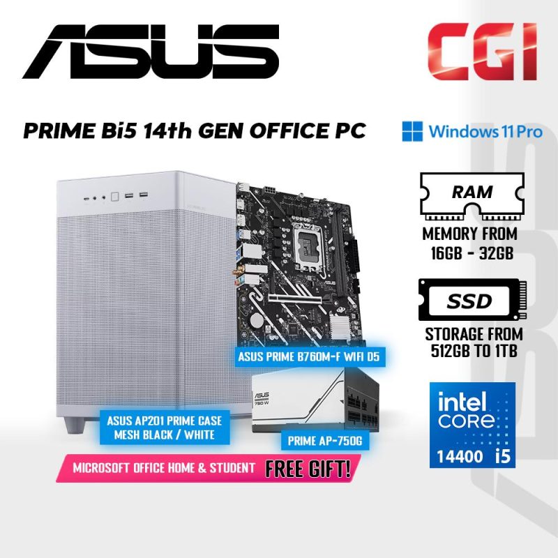 Prime Bi5 Intel i5 14th Gen Office PC ( Intel Core i5 / 16GB RAM / 512GB SSD / Windows 11 Pro ) with Office - White Casing