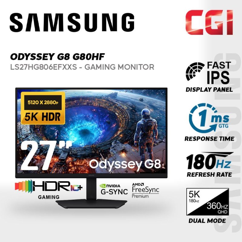 Samsung 27" Odyssey G8 G80HF LS27HG806EFXXS ( IPS, HDR10+, 5K 180 Hz / QHD 360 Hz, 1ms, Freesync , G-Sync ) Gaming Monitor