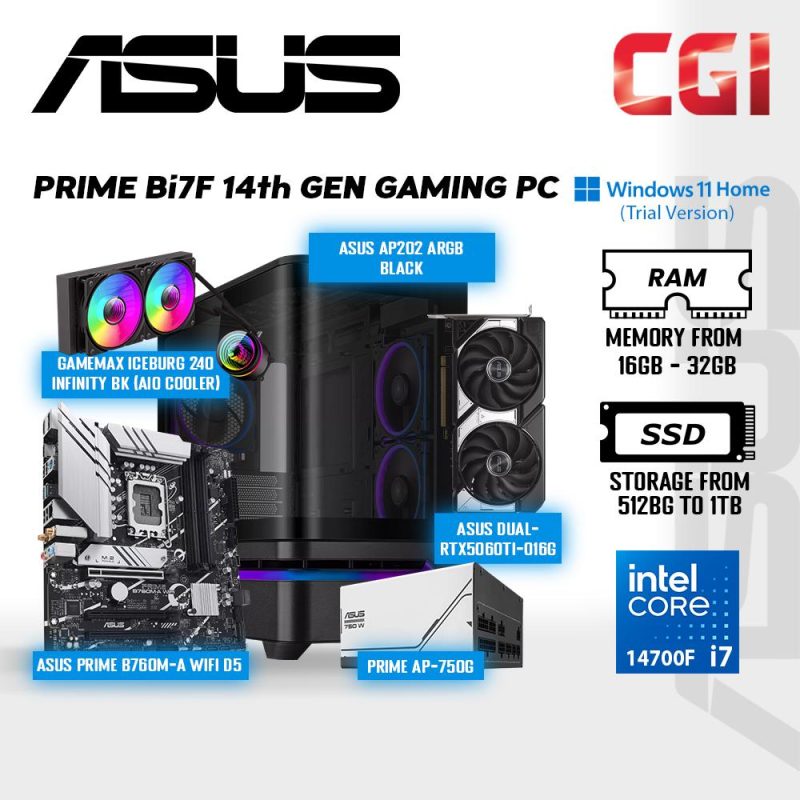PRIME Bi7F 14th Gen Gaming PC Set ( Intel Core i7 | Nvidia RTX5060Ti O16G | 16GB RAM | 512GB SSD | Win11Home Trial )