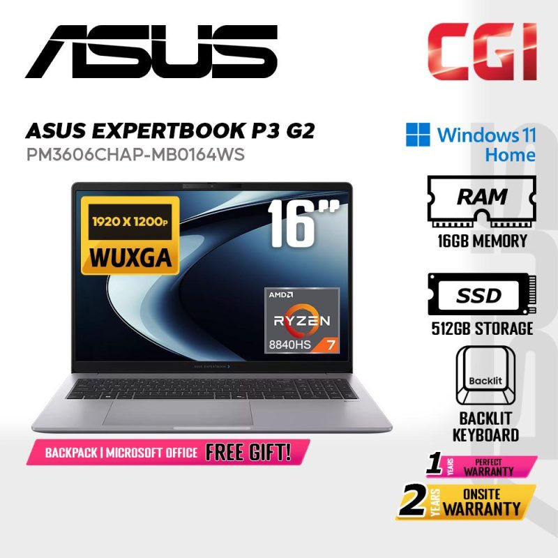 7d6b6f09ee2b6749fa04ebaef5c5e01a-9.jpeg Asus 16" ExpertBook P3 G2 Laptop AMD Ryzen 7 8840HS 16GB 512GB WUXGA Win11Home 2Yos FREE Office ( PM3606CHAP-MB0164WS )