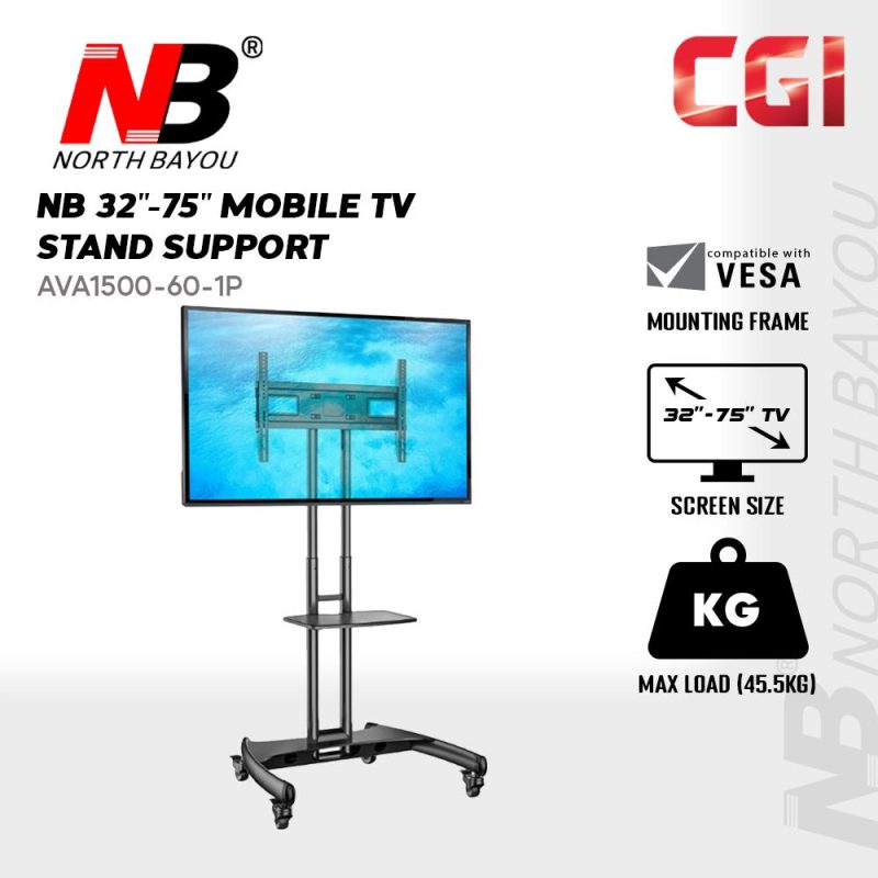 813c20e8b153303e4a84a9f857337cdf.jpeg North Bayou Ava 1500-60-1P Portable Height Adjustable TV Mount Stand Mobile Trolley Cart