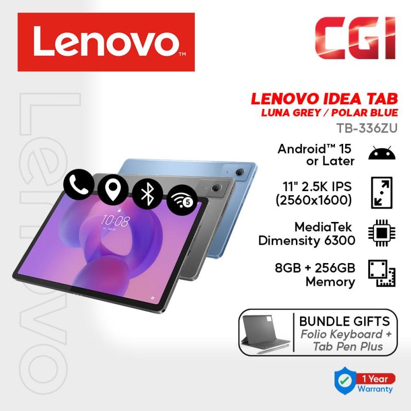 b982978d27520e76bffe14ff7efc8e79.jpeg Lenovo 11" Idea Tab TB-336FU - MediaTek Dimensity 6300 | 8GB+256GB | 5G Supported | Android 15 | Touchscreen with Pen & Keyboard ( ZAFM0739MY / ZAFM0740MY )