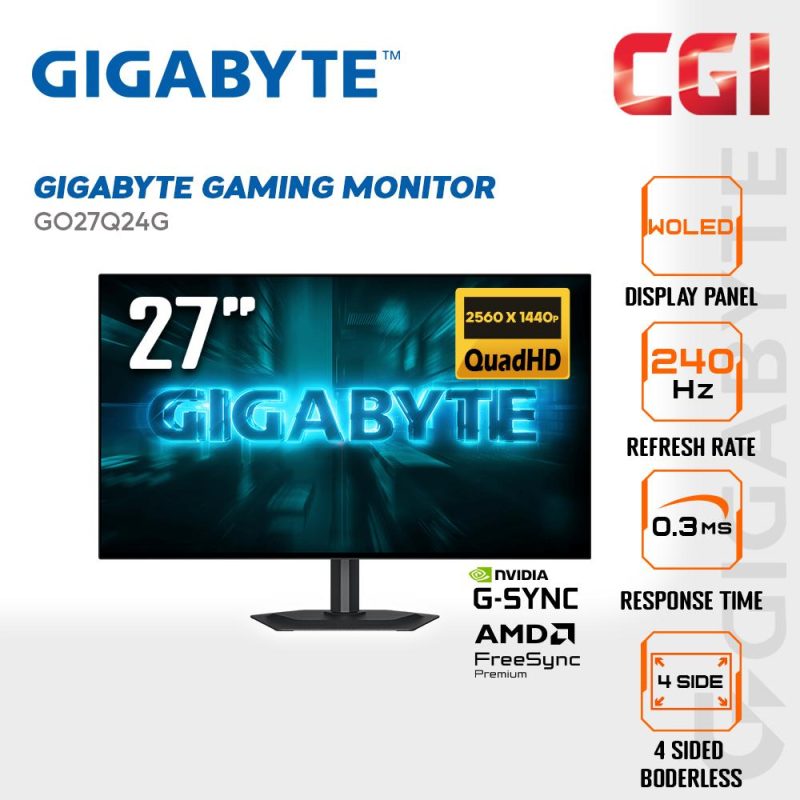 Gigabyte 27" GO27Q24G QHD RealBlack Glossy Freesync Premium G-Sync 240Hz 0.03ms Ergonomic Borderless WOLED Gaming Monitor
