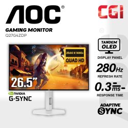 AOC 27" Agon Q27G4ZDP/WS Tandem WOLED QHD HDR500 G-Sync 280Hz 0.03ms Ergonomic Frameless Gaming Monitor
