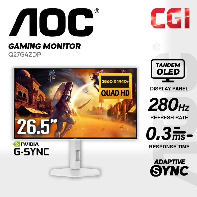 cad29f21f30f105345dc4e303e6de4dc.jpeg AOC 27" Agon Q27G4ZDP/WS Tandem WOLED QHD HDR500 G-Sync 280Hz 0.03ms Ergonomic Frameless Gaming Monitor