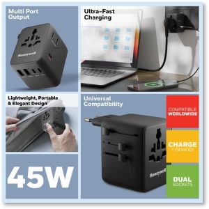 d9f34f1a09847a0ab76f0ac77ffd3089.jpeg Honeywell Universal World Platinum Series Travel Adapter 45W (Black) - HC000069/CHG/TRV/WHT/45W