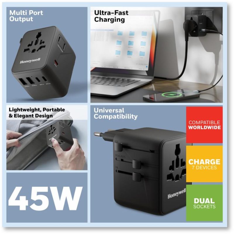 d9f34f1a09847a0ab76f0ac77ffd3089.jpeg Honeywell Universal World Platinum Series Travel Adapter 45W (Black) - HC000069/CHG/TRV/WHT/45W