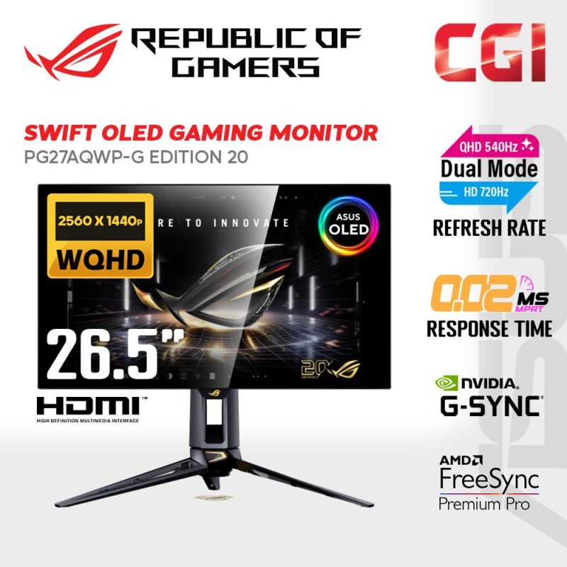 e0c19a07dddfb3df009f694d423a03bf.jpeg ROG Swift 27" PG27AQWP-G Edition 20 Tandem WOLED Dual-Mode QHD 540Hz / FHD 720Hz 0.02ms HDR 500 Gaming Monitor