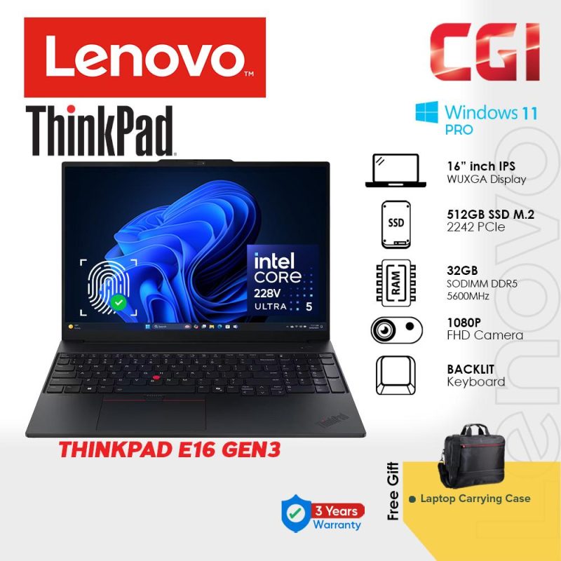 Lenovo 16" ThinkPad E16 Gen 3 Laptop Ultra 5 228V 32GB RAM 512GB Win11Pro 16" 3Y Premium Warranty