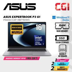 Asus ExpertBook P3 G1 Laptop Ultra 7 255H 16GB 512GB 16” WUXGA Win11Home 2Y Onsite with FREE Office - P3606CCAP-MB7150WS