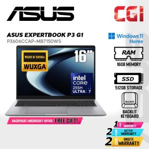 fc0f08fdeefb797a552b10318596fbd5.jpeg Asus ExpertBook P3 G1 Laptop Ultra 7 255H 16GB 512GB 16” WUXGA Win11Home 2Y Onsite with FREE Office - P3606CCAP-MB7150WS