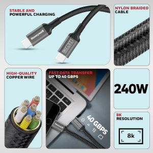 Honeywell Type-C to Type-C Braided USB 4 Cable 8K PD 240W Fast Charge - HC000706CBL1.2MBLK